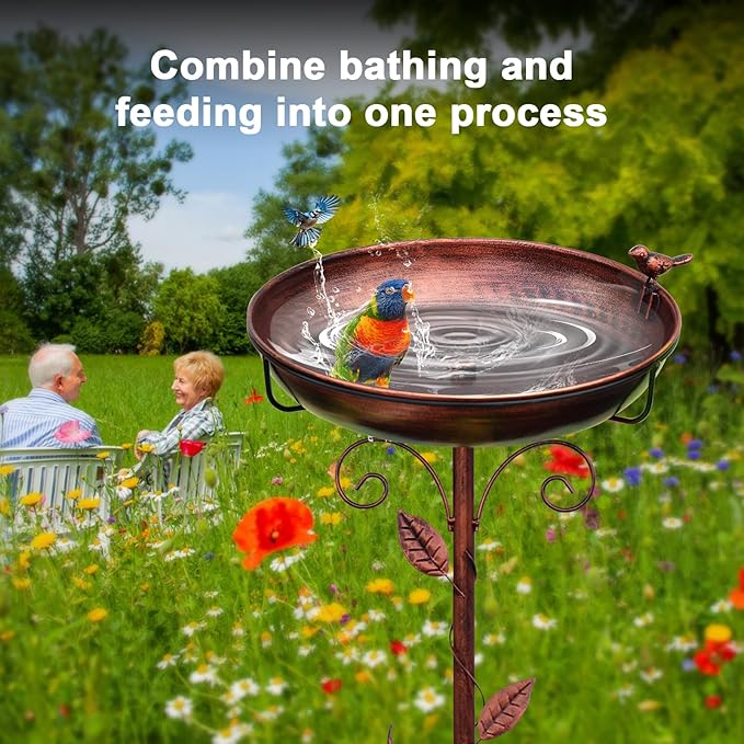 Bird Bath for Outside 38.5 Inch Bronze Freestanding Garden Birdbath | Metal bird bath with floral scroll 5-Pronged Base Deep large bowl for birds drinking & bathing Yard patio landscape decor