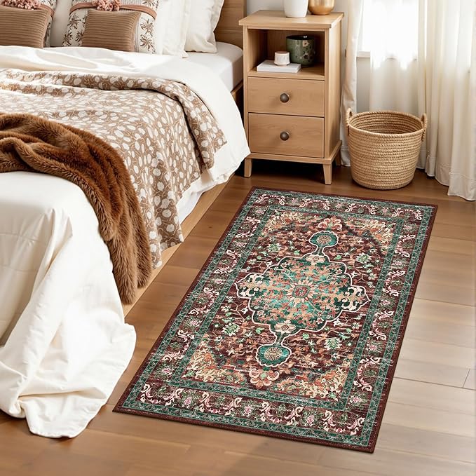 U'Artlines Boho Front Door Mat, 2x3 Machine Washable Rug, Rust＆Teal | Low Pile, Non Slip, Ultra-Thin Soft Floor Carpet, Vintage, Accent Rug for Living Room Bedroom Dining Room Office