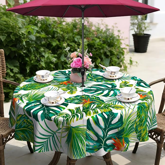 Green Leaves Outdoor Tablecloth with Umbrella Hole 60" x 60" Waterproof Zipper Table Cloth for Patio Table - Ideal Tablecloths for Picnics, Camping, and Yard Use