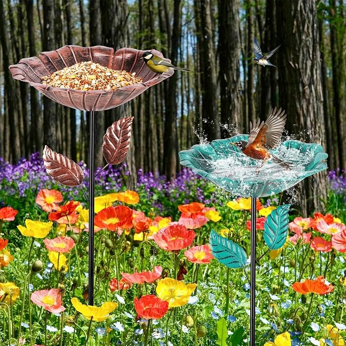 2 Pack Bird Baths for Outdoors, Vintage Metal Bird Bath for Outside, Hummingbird Bath with Five Stakes, Garden Flower Small Birdbath for Garden Decor, 31.3" H x 10.63" Dia (Bronze,Vintage Green)