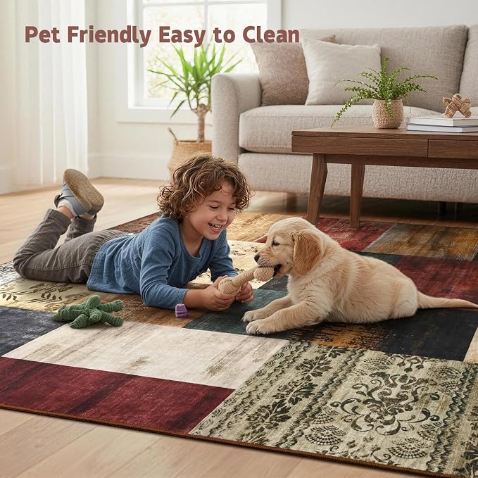 Washable Area Rugs 8x10 for Living Room, Large Modern Geometric Colorful Soft Patchwork Carpet, Non-Slip Stain Resistant Throw Rug for Bedroom Dining Room Office Home Decor