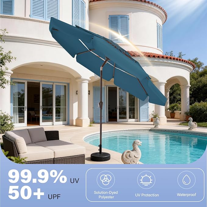 JEAREY 3 Tiers 9 FT Patio Umbrellas Outdoor Table Umbrella with Push Button Market Umbrella 8 Sturdy Ribs UV Protection Waterproof for Garden,Lake Blue