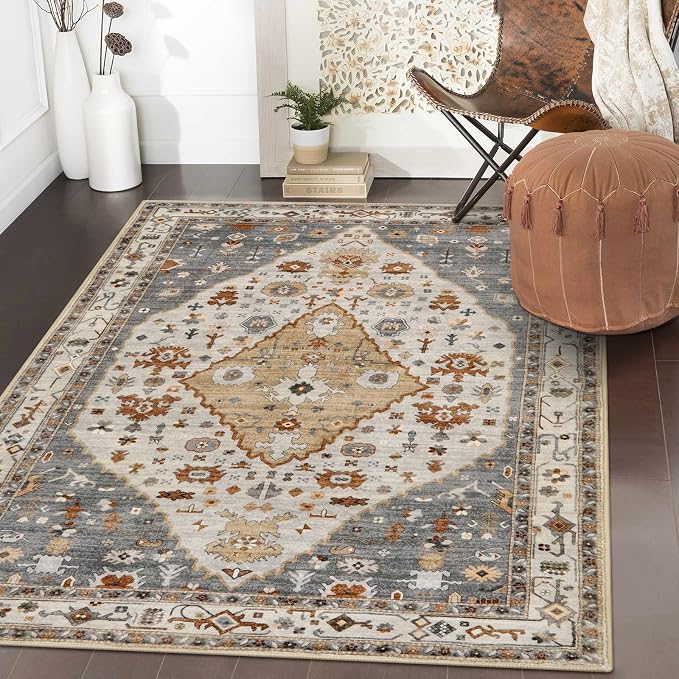 Lahome Felice 3x5 Rugs for Entryway, Machine Washable Kitchen Area Rug Non Slip Bedroom Rug, Oriental Vintage Soft Kid Pet Friendly Printed Indoor Throw Carpet for Bedside Bathroom Decor, Gold