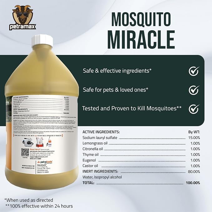 PetraMax Miracle Outdoor Mosquito Spray for Yard Pet Safe Concentrate 1 Gal (Makes up to 32 Gallons) - Mosquito Fogger Liquid Concentrate Tested to Kill - Fogger Machine Spray Lawn Treatment for Pests