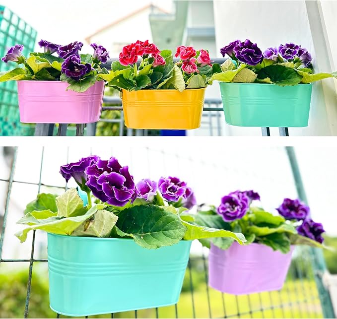 LaLaGreen Rail Planter (17 Inch, 6 Pack) Colorful Outdoor Hanging Flower Metal Planters Railing Fence Balcony Gardening for Apartment Patio Modern Garden Style Iron Deck Decoration Porch Decor Pots