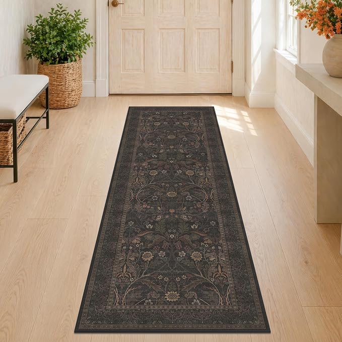 Washable 2x6 Kitchen Runner Rugs Non Slip - Dark Brown Hallway Runner Rug, Farmhouse Non Slip Floral Botanical Bathroom Mats, Southwestern Cabin Bedroom, Hall Way Low Pile Carpet