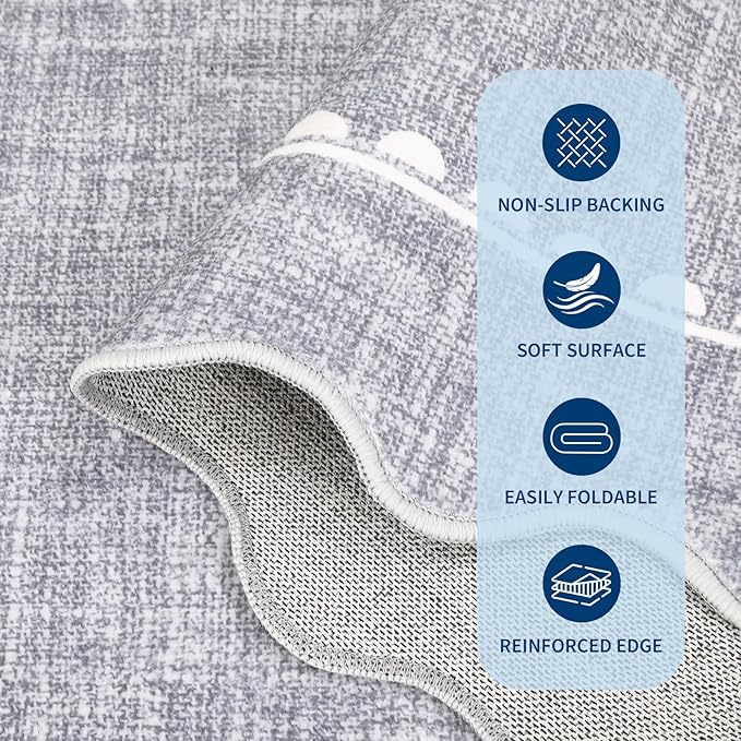 GarveeHome 5ft Round Rugs Washable Scalloped Bow Rug for Bedroom, Grey | Non Slip Soft Low Pile Ultra-Thin Stain Resistant Indoor Carpet for Living Room Nursery Girls Dorm Decor Kids Room Playroom