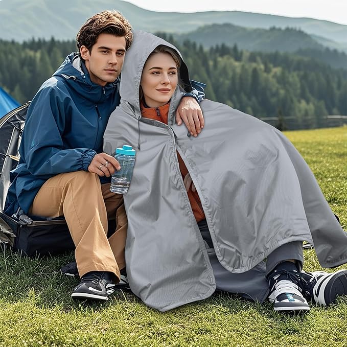 Large Waterproof Outdoor Picnic Blanket 80"x 58" | Windproof Lightweight Stadium Blanket, Packable, Stay Dry and Comfortable for Camping, Sports, Travel - Grey Hooded