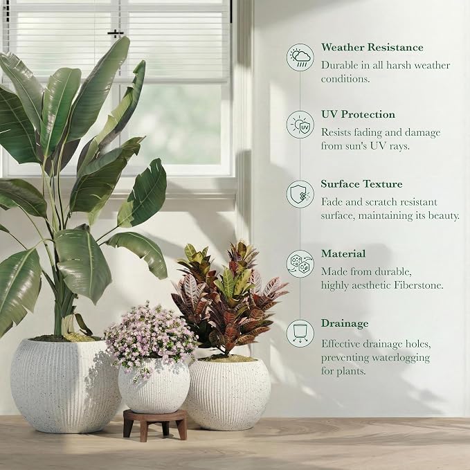 DTY Premium Mt Sherman Fiberstone Sphere Planter for Indoor Outdoor Use, Round Pot for Olive Tree, Lightweight, Smooth Finishes. 2 Coco Mats. Ribbed White, Medium 16.1'' D x 13.6'' H 11.8” Pot Opening
