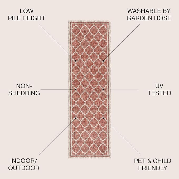 JONATHAN Y Moroccan Trellis Indoor Outdoor Runner Rug 2X10 Red/Beige, Trebol Textured Weave for Backyard, Patio, Porch, Easy-Cleaning, High Traffic, Pet-Friendly, Non-Shedding (SMB109C-210)