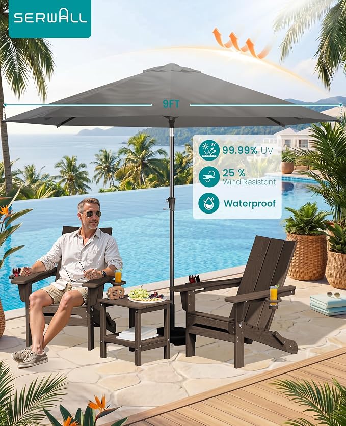 SERWALL Modern Folding Adirondack Chair Set with 9 Ft Umbrella, Folable Adirondack Chairs Set of 2 with Cup Holders, HDPE Fire Pit Chairs for Patio Lawn Garden, Coffee (Umbrella Base is not Included)