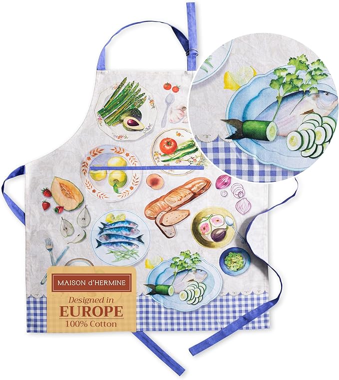 Maison d' Hermine Aprons for women with Pocket 100% Cotton (27.50"x31.50") | Adjustable Neck Strap & long ties Apron Men Chef Wedding Cooking Gardening Server Maid