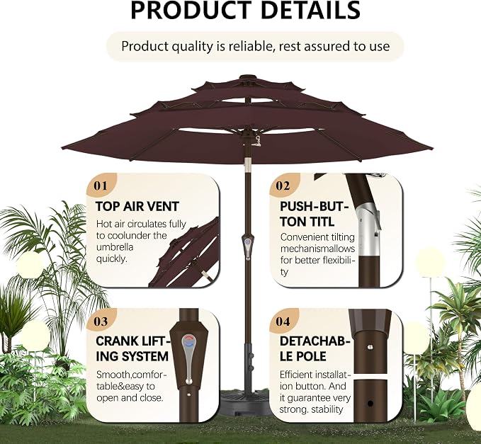 Ayge 9FT 3-Tier Large Outdoor Patio Umbrella Market Table Umbrella-UV Resistant,Easy Push Button Tilt and Crank,8 Sturdy Fiberglass Ribs Heavy-Duty Pool Umbrella for Deck,Backyard,Garden,Yard,Brown