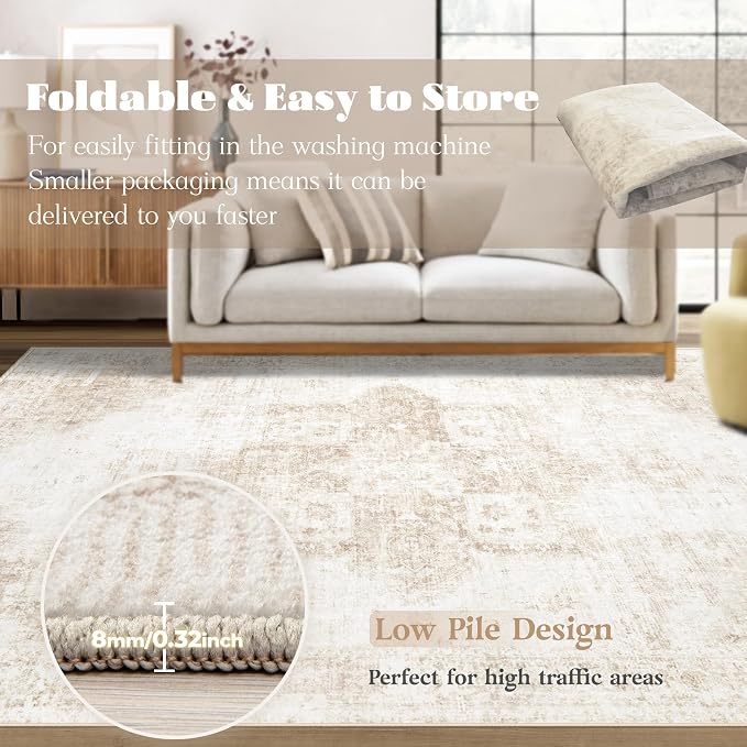 Area Rug 8x10 Washable Rug, Vintage Boho Medallion Rugs Non-Slip Soft Low Pile Large Distressed Rug Indoor Retro Carpet for Living Room Bedroom Dining Room Office Children's Room(Beige, 8'x10')