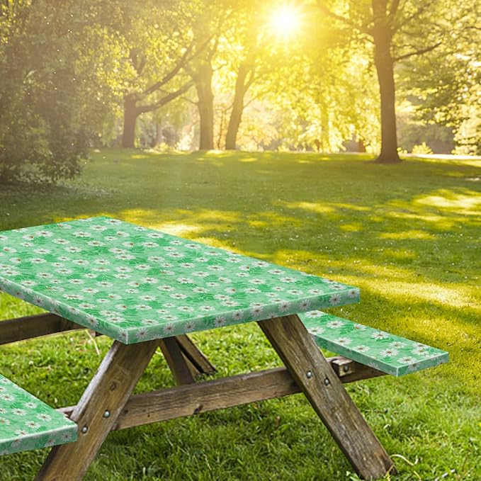 8ft Picnic Table and Bench Cover, Camping Essentials RV Gear, 96 in Waterproof Windproof Outdoor Elastic All Around Tablecloth, Fitted Rectangle Tables and Seats, Green Chrysanthemum