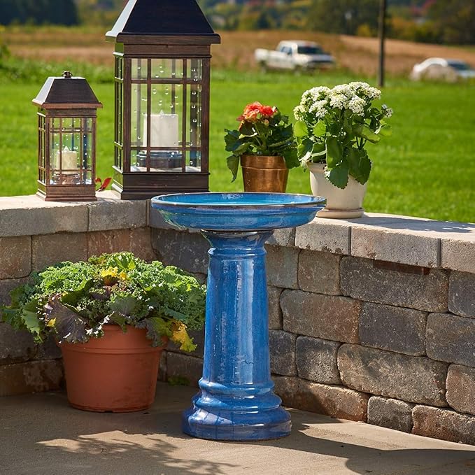 Smart Solar Aviatra Outdoor Ceramic Birdbath with Pedestal Stand and Glossy Finish, Elegant Traditional Birdbath for Garden, Blue