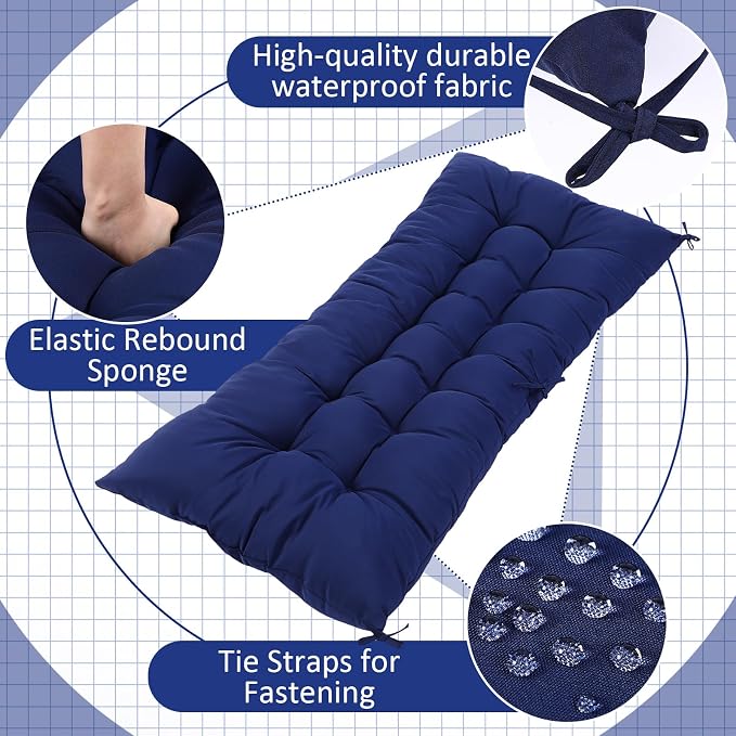 Wenqik Outdoor Bench Cushion 48 x 18 x 5 Inch Waterproof Patio Swing Cushion with Removable Zippered Cover Adjustable Ties Seat Pad for Porch Bench Garden Loveseat(Navy Blue, Grid Pattern)
