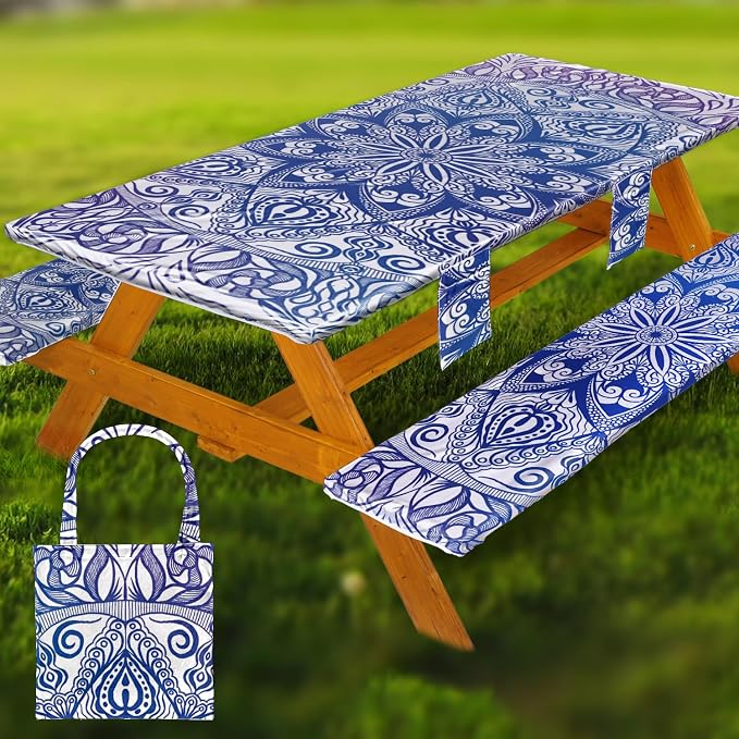 Wrakus Picnic Table Cover with Bench Covers Vinyl Elastic Edges Fitted Rectangle Seat Tables Waterproof 3-Piece96X30in Set Outdoor Rectangular Folding Backing Tablecloth for Camping Over Size