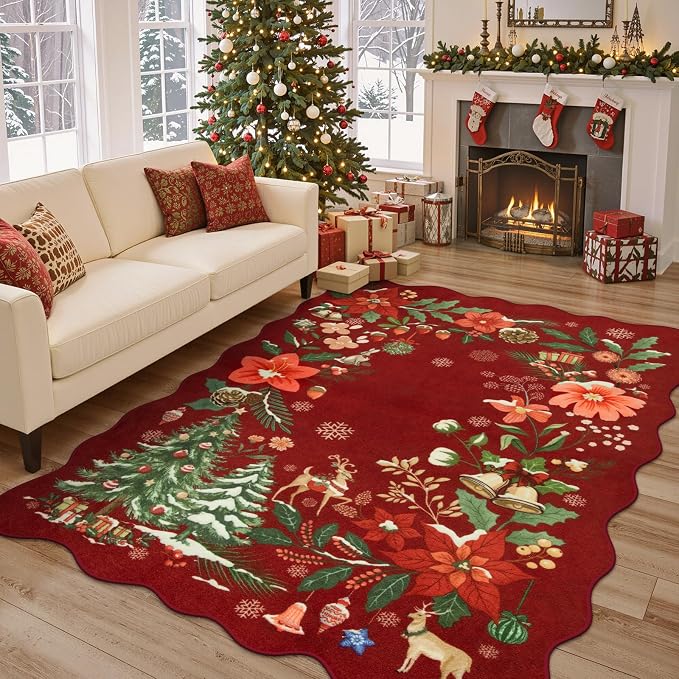 Lahome Floral Christmas Rugs for Living Room, 5x7 Christmas Area Rug for Bedroom Large Washable Carpet, Soft Stain Resistance Xmas Tree Carpets for Under Table Dining Room, Red