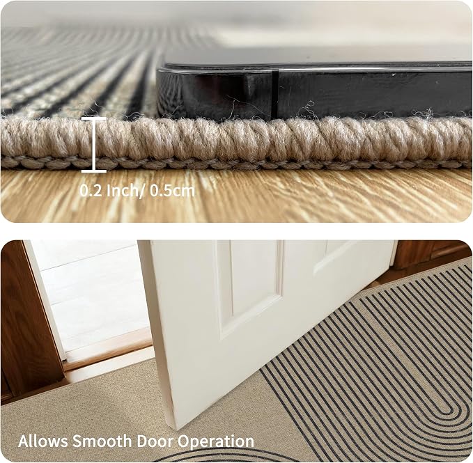 Outdoor Easy Jute Runner Rug: 2x6 Modern Natural Area Rugs for Front Patio Hallway Linen-Look Fabric Durable - Neutral Washable Mat for Entryway Kitchen Bedroom - Black Stripes