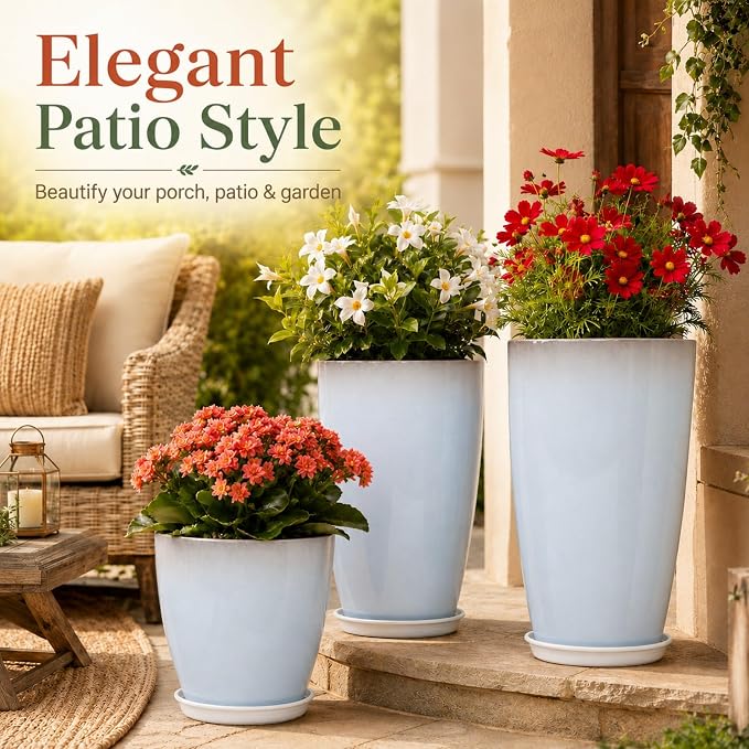 Neoaider Set of 3 Tall Planter, 24/21/12in Large Plastic Planter, Off White | Ceramic-Look, Lightweight, Built-in Drain Hole, Saucers, Tall Outdoor Planter for Porch, Garden, Patio, Balcony