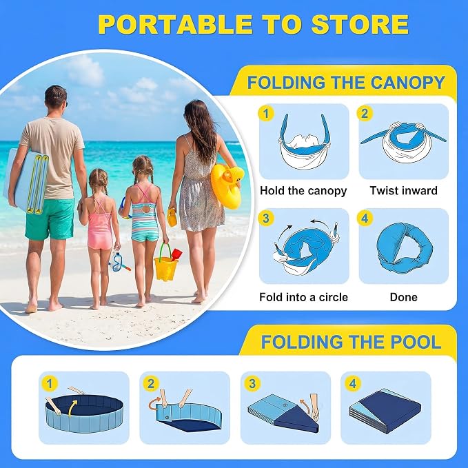 Kiddie Pool with Canopy, Large Foldable Pool Detachable UPF 50+ Sunshade | 77in Pool, Removable Sunshade, Foldable, Non Slip, Swimming Pool Beach Essentials Tent with Shade for Outdoor Backyard Beach