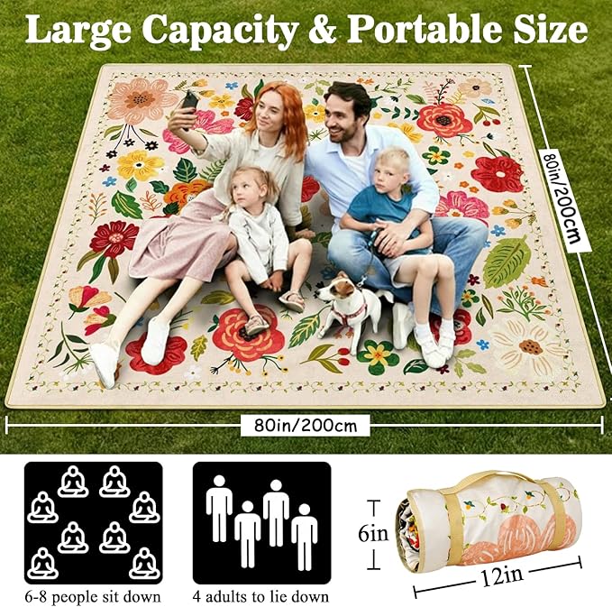 Picnic Blankets Waterproof Foldable Extra Large,80"x 80" Outdoor Beach Blanket Sandproof,3-Layer Lightweight Handy Mat Tote Picnic Camping Rugs for Outside Your Rv (Boho Vintage Floral)