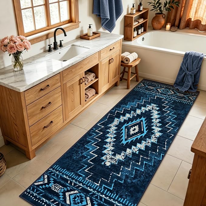 Yinhua 2x8 Runner Rug Non Slip, Western Washable Runner Rugs for Kitchen | Aztec Long Hallyway Runners Rug Low-Pile, Soft Bule Carpet for Bedside Bathroom Entryway