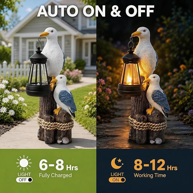 Seagull Solar Garden Outdoor Decor Statues with LED Lantern, Hand Painted Resin Animal Figurine Lights for Beach Pool Coastal Patio Lawn Yard Pathway, Unique Nautical Gifts For Women Mom Grandma