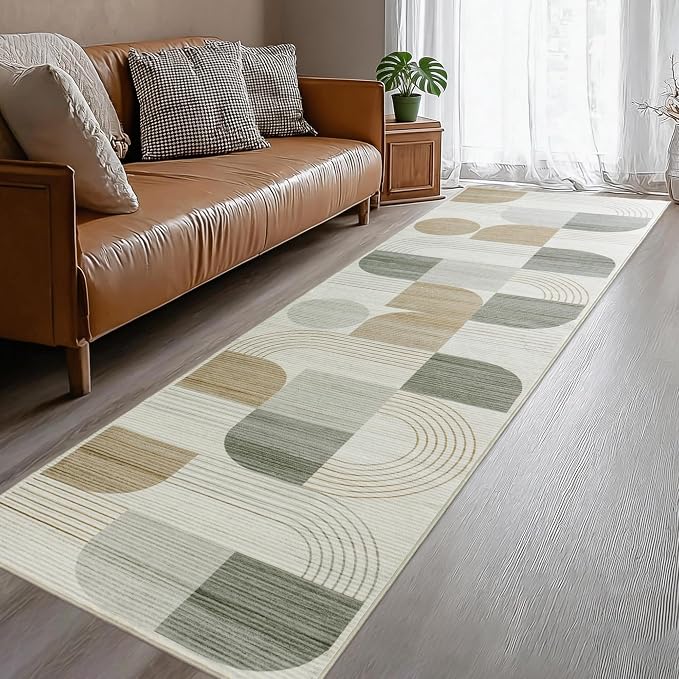 Soft Modern Geometric Abstract Machine Washable 2.7x8 Runner Rug | Beige Rugs for Bedroom Living Room, Non-Shedding Faux Wool Indoor Throw Floor Carpet for Office Entryway Dining Room Decor