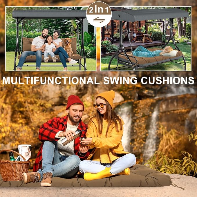 Swing Cushions 60 Inch 3 Seater Extra Thick 5" Replacement Waterproof Outdoor Porch Swing Cushion with Backrest for Outdoor Bench Patio Garden Backyard Furniture(Brown)