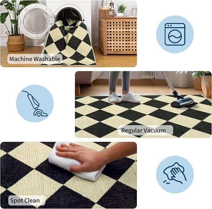 GarveeHome 6x9 Checkered Area Rug Black and Brown Washable Living Room Rug | Modern Geometric Farmhouse Carpet Soft Low Pile Non Slip Diamond Floor Mat Plaid Print Throw Rug for Dining Room Playroom