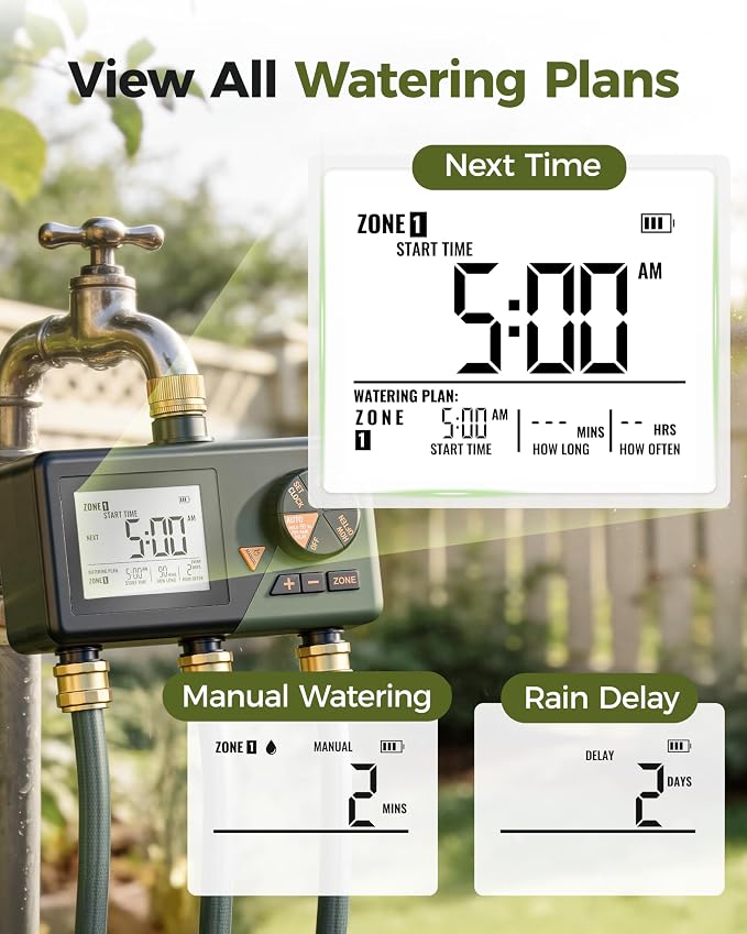 Diivoo Sprinkler Timer 3 Zone, Water Hose Timer 3 Outlets for Garden, Programmable Automatic Irrigation with Rain Delay, Manual/Auto Mode Watering, IP54 for Lawn, Yard, Pool