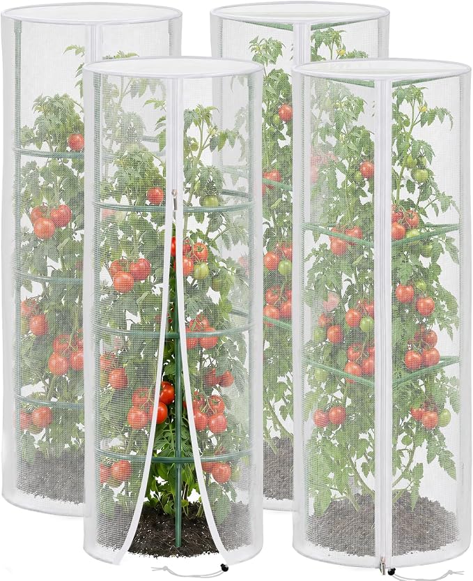 4 Pcs Garden Mesh Plant Cover for Round Tomato Cage, 57" x 15.7" Insect Bird Netting Protection Net Covers with Zipper & Drawstring, Garden Tomato Trellis Netting for Climbing Plants