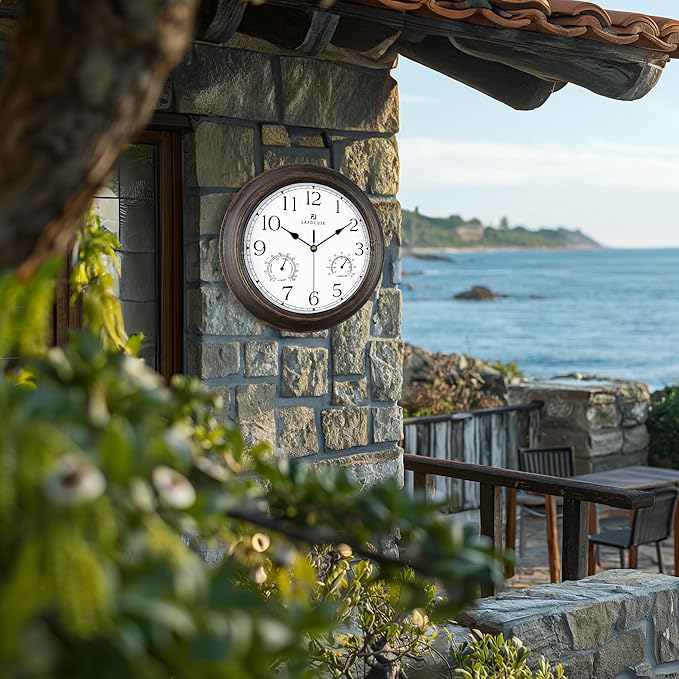 Lafocuse 12 Inch Brown Outdoor Clocks Waterproof for Patio Pool Bathroom | With Thermometer Combo and Hygrometer, Vintage Rustic Weather Outside Clock for Garden Garage Porch Kitchen, Silent, Accurate