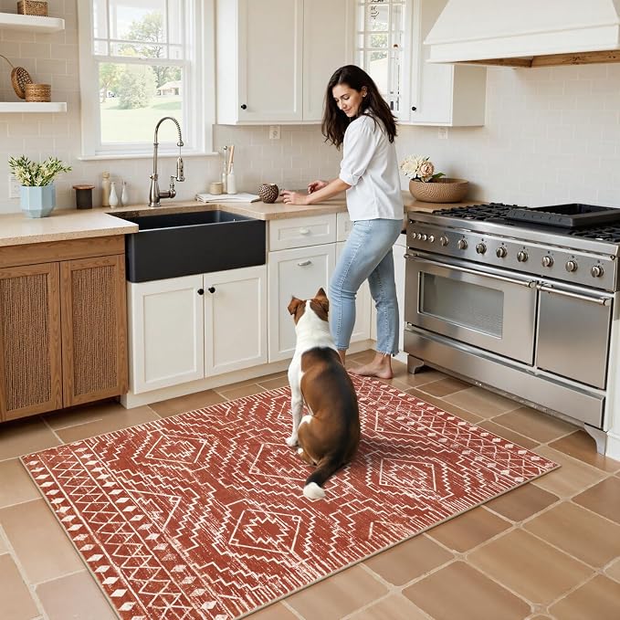 Wonnitar Moroccan 4x6 Bedroom Area Rug, Washable Soft Rug for Living Room, Non-Slip Bohemian Large Rug Non-Shedding Low Pile Floor Carpet for Kitchen Guest Room Entrance (Brown,4'x6')
