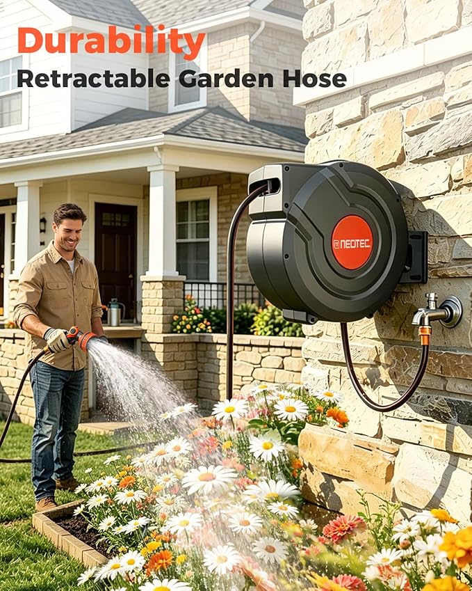 90FT Retractable Garden Hose Reel 5/8 Inch, Automatic Slow Return & Any Length Lock, Wall Mounted Heavy Duty Hose Reels for Outside with 9 Spray Nozzle, 180° Swivel UV Resistant