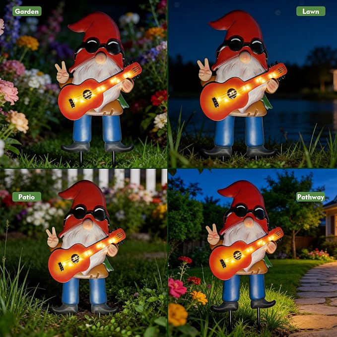 28" Solar Garden Gnome Decor with Light Up Guitar - Outdoor Decorative Stake for Patio, Yard & Lawn | Unique Rock Music Gnome Decor