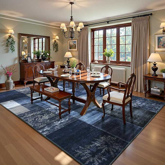 Washable Area Rugs 6x9 for Living Room, Large Modern Geometric Navy Blue Soft Patchwork Carpet, Non-Slip Stain Resistant Throw Rug for Bedroom Dining Room Office Home Decor