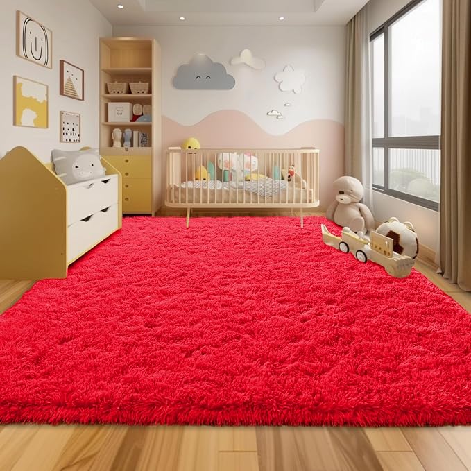 9x12 Large Fluffy Area Rugs for Living Room, Red | Upgrade Non-slip, Washable, Flame Resistant, High Pile Big 9 x 12 Shag Rug Plush Carpet for Bedroom Kids Room Dorm Christmas
