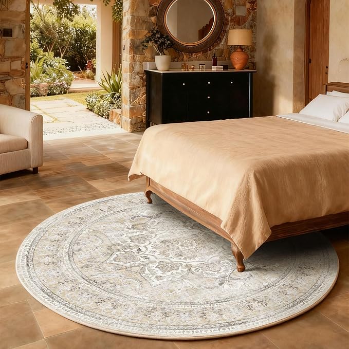 4ft Washable Round Rugs for Bedroom: Circle Living Room Rug Boho Vintage Non Slip Low Pile Soft Faux Wool Non Shedding Small Circular Rug for Kitchen Entryway Bathroom Bedside Office Dorm Kids Room
