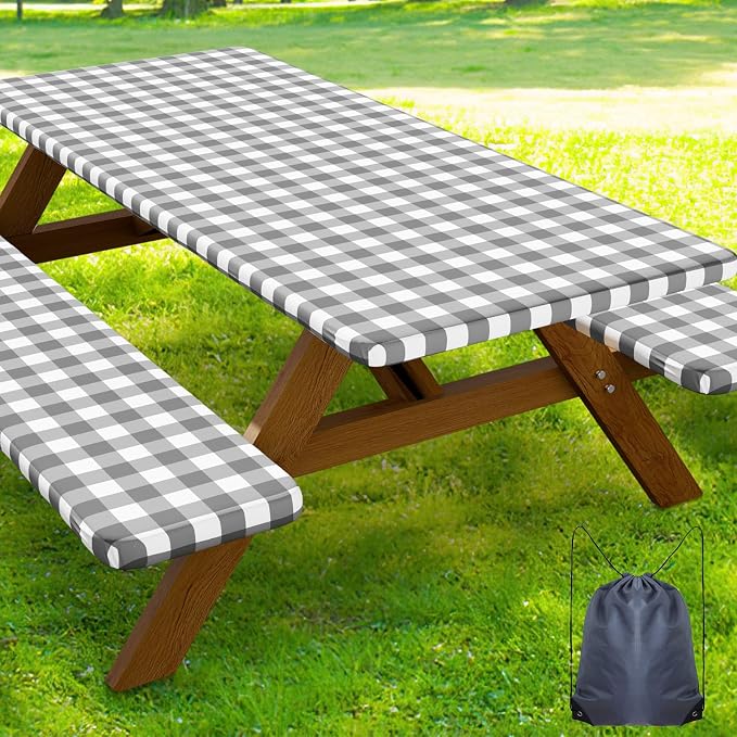 Smiry Picnic Table Cover with Bench Covers, Waterproof Elastic Fitted Tablecloths for 5 Foot Rectangle Tables, Washable Buffalo Plaid Tablecloth for Camping, Outdoor (Grey & White, 30"x60")