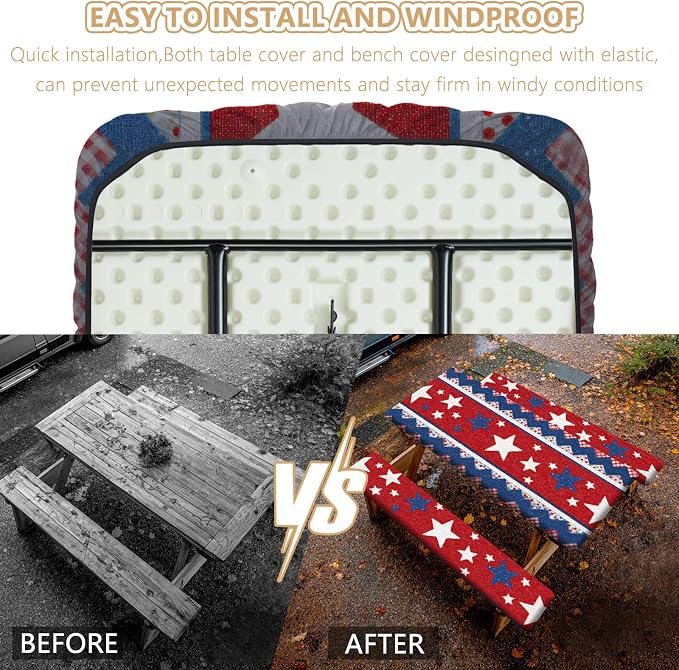 Picnic Table Cover with Bench Covers Elastic Edges, Outdoor Patio Camping Essentials 72 Inch 3PCS, Waterproof Camping Fitted Tablecloth with Handbags (Red White Blue Star Stripe)