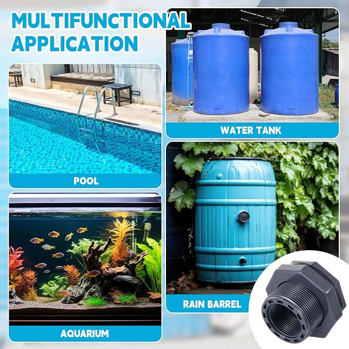 2 Pcs 1-1/4 Inch Bulkhead Fitting PVC Water Tank Connector Plumbing Pipe Threaded Bulkhead Fitting NPT for Rain Barrels, Water Tanks, Aquariums, Tubs, Pools
