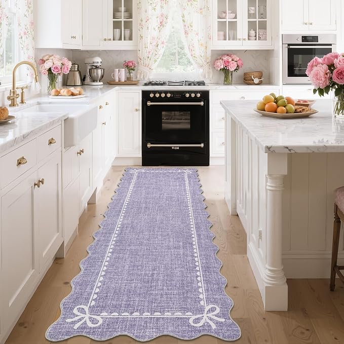 GarveeHome Scalloped Hallway Runner Rug 2.5x8 Non Slip Bedroom Rugs,Purple | Washable Bow Rug for Girls Dorm Nursery Living Room Entyrway Kitchen, Soft Low Pile Ultra-Thin Stain Resistant Indoor Carpet