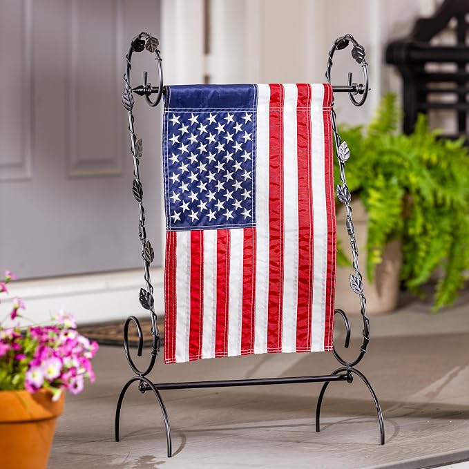 Evergreen Scroll American Garden Flag Stand Leaves Vine | Premium Metal Iron Flag Holder Stand | Fits 12x18 Garden Flags for Outside Deck Patio | Weatherproof Outdoor