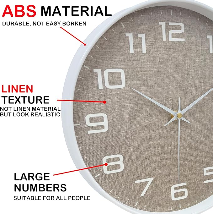 8 Inch Modern Wall Clocks Battery Operated - Silent Non Ticking Quartz Analog Clock with Large Numbers Burlap Texture, Digital Wall Clock for Bedroom Living Room Kitchen Office Gym, White