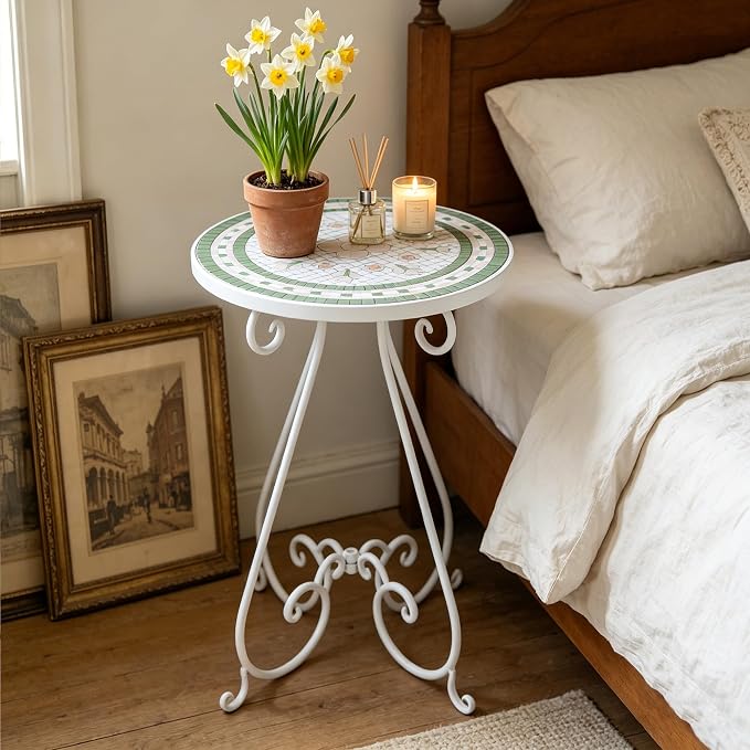 Outdoor Side Table & Mosaic Ceramic Plant Stand, 14" Metal Round End Table for Garden Home Patio Yard Porch Patio Decor Weather Resistant Outside Accent End Furniture (Flower#4)