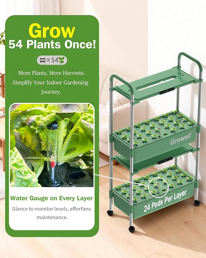Growell 54 Pods Hydroponics Growing System Kit with Independent Water Pump | Vertical Indoor Herb Garden with 2 Light Modes & 2 Timer, Smart Water Circulation, 28L Water Tank, Movable & Space-Saving