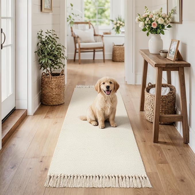 Bathroom Runner Rug, 2' x 5' Modern White Kitchen Mats | Farmhouse Hand-Woven Entryway Rugs Runners for Hallway, Boho Washable Laundry Carpet Indoor Front Door Mat for Bedroom Decor
